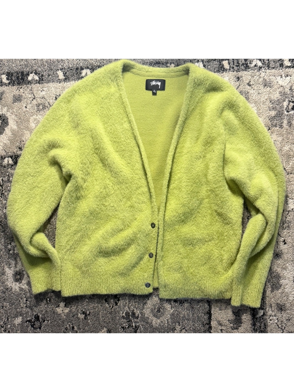 Stussy Shaggy Knit Cardigan Lime Green Fuzzy Sweater